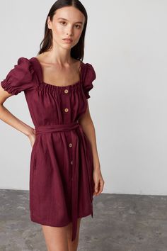 "JULY is a square neck, button front linen mini dress.  DETAILS - Short puff sleeve design - Square neckline - Center front button closure - Self-tie belt - 100% lightweight European linen fabric - Cut and sewn to order just for you in our studio COLOR - Eggplant, you can also choose other colors above - Fabric samples are available here https://www.etsy.com/listing/586569696/linen-fabric-samples SIZING & FIT - True to size - Model is 5'9.5\" / 177cm and wearing a size XS CARE FOR LINEN - Machine wash up to 30ºC/86ºF gentle cycle - Lay flat to dry or tumble dry low - Warm iron if needed - Do not bleach SIZE GUIDE Size conversion guide Size XS (US 0-2, IT 36-38, UK 4-6, Japan 3-5, France 32-34) Size S (US 4-6, IT 40-42, UK 8-10, Japan 7-9, France 36-38) Size M (US 8-10, IT 44-46, UK 12-14, Summer Mini Dress With Buttons And Square Neck, Casual Square Neck Mini Dress With Buttons, Casual Mini Dress With Square Neck And Buttons, Square Neck Midi Dress With Buttons For Daywear, Square Neck Day Dresses With Buttons, Square Neck Dresses With Buttons For Daywear, Fitted Knee-length Linen Dress With Buttons, Fitted Knee-length Linen Dress With Button Closure, Puff Sleeve Design