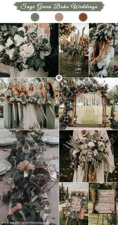 a collage of photos with flowers, greenery and other things to do in the wedding