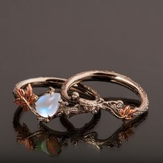 Twig and Leaf Bridal Set Moonstone Engagement Ring Maple - Etsy Nature-inspired Moonstone Wedding Ring, Rose Gold Moonstone Ring, Gold Moonstone Ring, Twig Engagement Ring, Twig Ring, Moonstone Engagement, Moonstone Engagement Ring, Magical Jewelry, Gold Colors