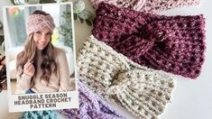 three crocheted headbands are laying on the table next to pine cones