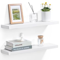 two white shelves with books and vases on them, one has a flower in it