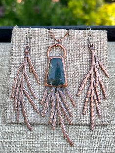 Cedar and Moss Agate Copper Electroformed Pendant and Earring Set – Octopod Trading Co. Cedar Leaves, Copper Electroformed Jewelry, Crystal Jewelry Diy, Soft Solder, Cedar And Moss, Copper Electroforming, Pendant And Earring Set, Copper Plating, Copper Jewellery