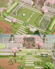 an aerial view of a garden with pink flowers and white fenced in area next to it