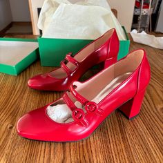 Never Worn Brand New (I Ordered Too Large Of A Size And Didn't Return In Time So Sad!!) Gorgeous Red Leather Mary Janes With An Elevated Heel. This Sweet Silhouette Gets A Cool Update With Double Ankle Straps, Circular Buckle Details And An Easy, Walkable Block Heel. To Top It Off, They're Crafted In Luxe, Italian Leather That's Specially Polished For A High-Shine Finish. Red Mary Janes For Spring Formal Occasions, Red Mary Janes For Spring Formal Events, Red Low Heel Mary Janes For Formal Events, Red Round Toe Mary Janes For Formal Events, Elegant Red Low Heel Mary Janes, Formal Red Leather Mary Janes, Formal Red Mary Janes, Red Patent Leather Heels With Buckle Closure, Classic Red Heels With Ankle Strap