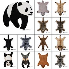 various animal rugs are shown in different colors and sizes, including panda's head