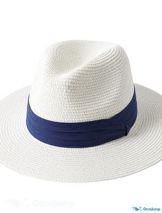 OrcaJump - 1pc Summer Boho Straw Sun Hat Mens Cap Sun Protection Beach Summer Women Men Panama Straw Hat White Flat Brim Fedora For Outdoor, White Fedora Panama Hat For Outdoor, White Fedora Hat For Outdoor, Casual White Hat Band For Beach, Casual White Hat Band For The Beach, White Casual Panama Hat For Outdoor, Casual White Panama Hat For Outdoor, White Summer Fedora For Outdoor, White Travel Cap