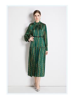 Women's Spring/Fall Belted Long Sleeve A-Line Midi Dress Green Long Sleeve Midi Dress For Fall, Green A-line Midi Dress For Fall, Green A-line Long Sleeve Dress For Fall, Pleated Knee-length Fall Dresses, Pleated Knee-length Dress For Fall, Knee-length Pleated Dress For Fall, Green Knee-length Maxi Dress For Fall, Pleated A-line Dresses For Fall, Winter Pleated Midi Dress