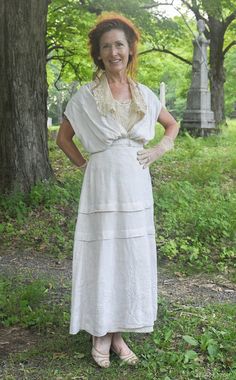 A rare historical fashion find ! Edwardian over dress, made to be worn like a jumper with a high neck blouse underneath. The height of fashion in Edwardian times. Closes with hook and eyes. The only flaws that I notice is some wear around the neckline and a little at the waist band, see photos. Worn by my model Stephanie in my fashion photo shoot. She is wearing a mesh blouse underneath (not included, listed and sold separately). Shown on my mannequin 34 1/2" , 26", 36" As you can see , it fit her well My measurements taken flat Bust 17" plus fullness Waist 12" Hips 19" Bodice about 16" (there isn't any shoulder seams so i estimated where they would be and measured to waist band) Skirt from waist band to edge 33" Elegant Beige Costume Dress, Spring Vintage Dress For Costume, Spring Victorian Vintage Dress, Spring Regency Dress For Vintage Events, Spring Regency Style Dress For Vintage Events, Regency Style Fitted Linen Dress, Regency Style Dresses For Spring Vintage Events, Fitted Linen Regency Dress, Fitted Linen Regency Style Dress