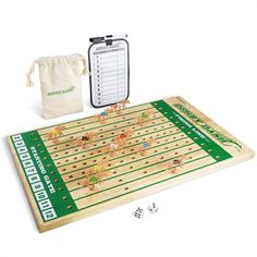 a wooden board game with dices and pieces