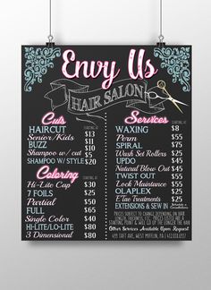 a blackboard menu for hair salon with scissors and ribbon hanging from the side on a white wall