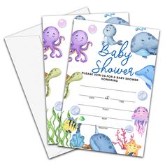 two baby shower cards with sea animals on them