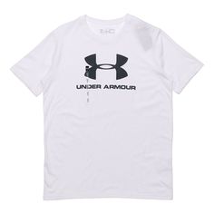 Under Armour UA SportstyleT White T-shirt Sporty Logo T-shirt For Sports, White Casual T-shirt With Front Logo, White Workout T-shirt With Logo Print, White Athleisure T-shirt For Sports Season, White Athleisure T-shirt With Logo Print, Functional White Crew Neck T-shirt, White Graphic Print Sports Top, Under Armour Short Sleeve Casual Activewear, Sports T-shirt With Logo Print