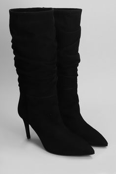 High heels boots in black suede, pointed toe, slip on, draped, leather sole, heel 90 mm, 100% suede, Made in Italy Pointed Toe Heeled Boots With Suede Lining, Elegant High Ankle Suede Boots, Chic Formal Heeled Boots With Suede Lining, Chic High Heel Suede Mid-calf Boots, Chic Pointed Toe Heeled Boots With Suede Lining, Suede High Ankle Heeled Boots For Party, Evening Suede Boots With Wrapped Heel, Chic Suede Mid-calf Boots With High Heel, Elegant Pointed Toe Boots With Suede Lining