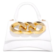 MEASUREMENTS BAG MEASUREMENT: 9"L X 3.75"W X 6"H GOLD-TONE CHAIN SHOULDER MEASUREMENT: 48.75" PRODUCT DETAILS LARGE GOLD-TONE CHAIN LINK DETACHABLE GOLD-TONE SHOULDER CHAIN MAGNETIC CLOSURE INTERIOR ZIPPER POCKET FULL INTERIOR LINING WHITE BAG Trendy White Box Bag With Gold-tone Hardware, Gold Flap Shoulder Bag With Top Carry Handle, Gold Shoulder Flap Bag With Top Carry Handle, Chic Gold Bags With Gold Chain, White Party Bags With Gold-tone Hardware, Gold Tote Flap Bag For Daily Use, White Bag With Gold Chain For Everyday Use, White Bags With Gold Chain For Everyday Use, Gold Box Bag With Chain Strap As Fashion Accessory