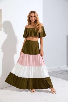 Contemporary Contrast Skirt and Top Ensemble: Embrace Modern Casual Fashion! Skirt Top Set, Ankle Length Skirt, Off Shoulder Crop Top, Block Style, Shoulder Crop Top, Tier Skirt, Tiered Skirt, Flutter Sleeves, Skirt Top