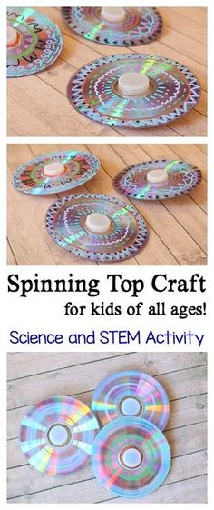 Reuse an old CD to make a spinning top- an easy craft for kids and a great science lesson on physics! This STEM / STEAM activity if perfect for kids of all ages and meets the NGSS for Kindergarten on pushes and pulls! ~ BuggyandBuddy.com Doh Vinci, Easy Craft For Kids, Steam Activity, School Age Activities, Old Cd, Awesome Crafts, Science Lesson, Science Activity