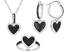 0.33ctw Round Black Spinel Rhodium Over Sterling Silver Pendant with Chain, 0.45ctw Round Black Spinel Ring, and 1.08ctw Round Black Spinel Earrings Set. Pendant Measures Approximately 0.79"L x 0.51"W. 18" Singapore Chain with Lobster Claw Clasp. 3mm bail. Ring Measures Approximately 0.80"L x 0.44"W. Earrings Measure Approximately 1.10"L x 0.51"W. Saddle Backings. Not Sizeable. Black Diamond Jewelry For Valentine's Day, Anniversary Jewelry With Black Diamonds, Valentine's Day Black Diamond Jewelry, Sterling Silver Jewelry With Black Diamonds For Anniversary, Black Jewelry With Pave Setting For Gift, Sterling Silver Jewelry With Black Diamonds In Round Cut, Sterling Silver Jewelry With Black Diamonds Round Cut, Sterling Silver Jewelry With Black Diamonds, Heart Cut Cubic Zirconia Jewelry With Pave Setting