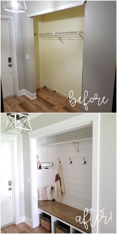 before and after photos of a mudroom with white walls, wood flooring and coat racks