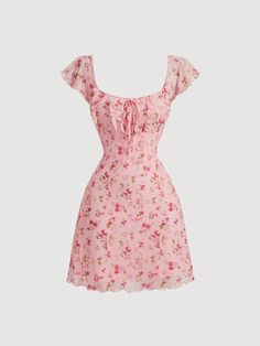 Allover Floral Print Ruffle Armhole Knot Front Dress Pink Boho  Cap Sleeve Knitted Fabric Ditsy Floral A Line Medium Stretch  Women Clothing, size features are:Bust: ,Length: ,Sleeve Length: Floral Dress Ideas, Rose Dress Outfit, Front Knot Dress, Pink Summer Dress, Cute Dress Outfits, Rose Bonbon, Floral Outfit, Pink Floral Dress, Pink Boho