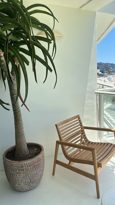 a wooden chair next to a potted plant on a balcony overlooking the ocean and city