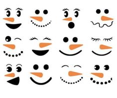 snowman faces with different facial expressions and eyes, all drawn in black and white