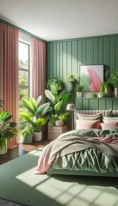 a bedroom with green walls and plants in the corner, along with a bed that has pink sheets on it