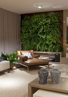 a living room filled with furniture and a green wall behind the couches in front of it