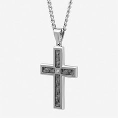 A simple diamond-accent stainless steel cross is a modern interpretation of an ageless symbol.Stone: Diamond accentClosure: Lobster claspPendant Size: 24x49mmFeatures: Religious Jewelry, Quick ShipDiamond Clarity: I2-I3Shape: CrossStone Cut: RoundDiamond Color: I-JMetal Color: WhiteChain Length: 24 InchPendant Length: 49mmPendant Width: 24mmRounded Carat Weight: Less Than 1/10 Ct.t.wChain Construction: CurbCare: Wipe CleanAuthenticity: Natural DiamondBirthstone: April BirthstoneMetal: Stainless… Modern Stainless Steel Jewelry With Diamond Accents, Stainless Steel Jewelry With Diamond Accents, Elegant Stainless Steel Cross Pendant Necklace, Elegant Stainless Steel Cross Necklace, Modern Crucifix Necklace As Gift, White Gold Stainless Steel Cross Pendant Necklace, White Gold Stainless Steel Cross Necklace, Modern Stainless Steel Cross Necklace For Gift, Modern Stainless Steel Cross Pendant Necklace