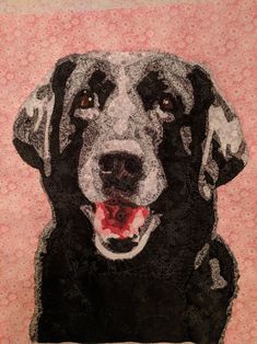 a black and white dog with its tongue out on a pink wallpapered background