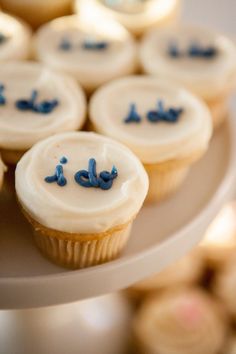 cupcakes with blue frosting on a white plate