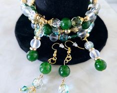 Vintage Beaded Necklace and Earrings Set. Beautiful Spring Set in Unique Green and Pink Beads. Handmade. One of a Kind. Women's Gift. - Etsy Green Glass Dangle Jewelry, Adjustable Colorful Beaded Jade Jewelry, Adjustable Jade Jewelry With Colorful Beads, Handmade Round Jade Beads, Green Glass Round Bead Jewelry, Adjustable Glass Jewelry With Dangling Beads, Green Czech Glass Jewelry With Dangling Beads, Green Beaded Glass Jewelry, Green Dangle Jewelry With Colorful Beads