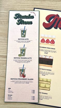 the menu for munchies and drinks is displayed on top of a wooden table