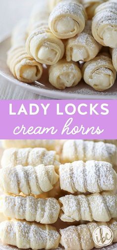 lady locks cream horns on a plate with powdered sugar