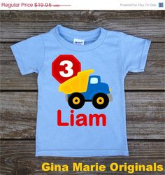 ON SALE Personalized Little Boy's Birthday Shirt in Construction Dump Trucks T-shirt Bodysuit in Blue Grey White Pink Nursery Clothes Organization, Dump Truck Birthday, Clothes Dividers, Birthday Party Treats, Trucks Birthday Party, Shirt Bodysuit, Boys Tops, Boy Stuff, Custom Design Shirts