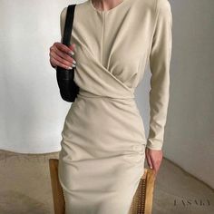 Lasaky - Vintage-style Long-sleeved Dress with Waist-cinching and Figure-flattering Design for a Sophisticated Look Long Dress Korean, Korean Fashion Outfits, Female Dress, French Dress, Elegant Party Dresses, Long Sleeve Wrap Dress, Women Bodycon Dress, Club Wear, Elegant Dresses For Women