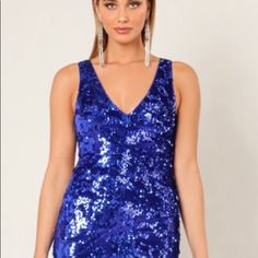 Wow Couture Evening Dress Blue V-neck Bodycon Dress For Date Night, Royal Blue Prom Dress For Summer, Royal Blue Summer Prom Dress, Blue V-neck Prom Dress, Blue Sequin Dress For Spring Formal, Blue Sequin Bodycon Dress For Prom, Blue Sequin Dress For Summer Night Out, Blue Fitted Sequin Evening Dress, Blue Sequin Dress For Night Out In Summer