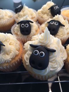 cupcakes with white frosting and black sheep faces