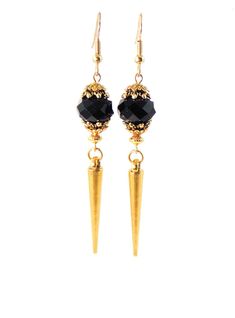 Black Glass Faceted Long Gold Spike Dangle Statement Earrings Clip On Optional Edgy Metal Evening Jewelry, Brass Dangle Crystal Earrings For Party, Dangle Crystal Earrings For Party, Party Brass Dangle Crystal Earrings, Edgy Single Earring For Parties, Gold Brass Crystal Earrings For Party, Edgy Gold Pierced Earrings, Edgy Gold Jewelry For Party, Edgy Gold Earrings For Party