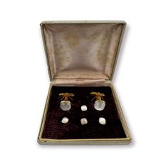 Swank Art Deco 1940's Gold Plate and Art Glass Moonstone 4 Tuxedo Shirt Studs with Matching Cufflinks in Original Box Great Condition The images are of the actual item listed - No Stock Photos are used. Rare to have 4 shirt studs as most stud sets from this era typically only have 3 studs. For questions or assistance, Message us! Store Telephone: 1+ 646-345-8514 Items can be picked up, which is sometimes easier or more cost-effective. There will be a scheduled date and time for pickup. **Sales T Vintage Formal Cufflinks With Polished Finish, Art Deco Cufflinks, Vintage Gold Cufflinks With Polished Finish, Vintage Yellow Gold Cufflinks With Screw Back, Luxury Vintage Collectible Cufflinks, Tuxedo Shirts, Stud Set, Antique Design, Tie Accessories