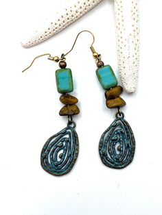 "Gorgeous patina and Czech glass pair of dangly earrings 3\" long Tear drop shape" Unique Long Drop Chandelier Earrings, Teardrop Earrings With Dangling Beads, Czech Glass Teardrop Dangle Earrings With Ear Wire, Adjustable Teardrop Bronze Earrings, Teardrop Czech Glass Dangling Beads Earrings, Bronze Metal Dangle Teardrop Earrings, Bronze Metal Teardrop Dangle Earrings, Bohemian Drop Metal Earrings, Dangle Czech Glass Beaded Earrings