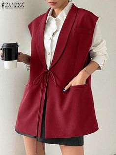 ZANZEA Women Blazer Vest Sleeveless Fashion Lapel Collar Waistcoat Elegant Lace Up Korean Style Tank Sleeveless Vest Outerwear For Office, Office Sleeveless Vest For Fall, Sleeveless Office Vest With Pockets, Sleeveless Vest With Pockets For Office, Blazer Korean Style, Women Blazer, Jackets Women, Blazer Vest, Vest Fashion