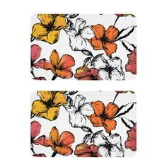 two placemats with flowers on them, one is yellow and the other is red