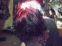 Red Black Dyed Hair, Black Hair And Red Underneath, Red Purple Black Hair, Emo Hair Inspiration, Black And Red Hair Pfp, Punk Hair Aesthetic, Red Hair Aesthetic Male, Fluffy Dyed Hair, Scene Hair Dye Ideas