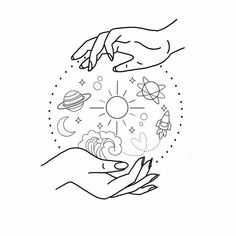 two hands holding each other over a circle with planets and stars in the sky above them