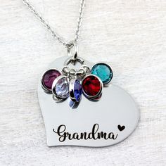 Have this personalized Grandma birthstone necklace engraved for your Grandmother this Mothers Day! Birthstone Charms can be added to this Heart Necklace as needed. Choose the name you would like custom engraved.  At HeartfeltTokens, our necklaces are expertly engraved and made with high-quality stainless steel to ensure a timeless design that won't fade over time. All of our items are 100% designed, engraved, and shipped to you from our home studio in Florida, so I thank you for supporting our small business ❤ NECKLACE DETAILS * stainless steel heart is 1 inches long and 1.25 inches wide (choose from silver, rose gold or gold colors) * birthstone charms for each month (January and July are both the same color) * sturdy stainless steel chain available in a variety of sizes * Each necklace i Birthstone Heart Necklace For Birthday And Mother's Day, Mother's Day Birthday Birthstone Heart Necklace, Mother's Day Birthstone Heart Necklace For Birthday, Mother's Day Heart Necklace With Birthstone For Birthday, Birthstone Charm Necklace With Heart Pendant, Personalized Birthstone Charm Necklace With Heart Pendant, Personalized Heart Pendant Charm Necklace For Birthday, Personalized Heart Pendant Charm Necklace With Birthstone, Customizable Heart-shaped Birthstone Necklace For Gifts