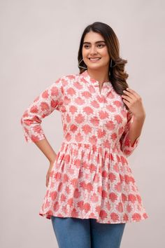 Cotton top womens Jaipuri print Kurti pink Indian cotton kurta Blockprint handmade women's short top,3/4th sleeves blouse Indian style dress Handicraft and textiles represent you with a magnificent short dress in printed cotton. printed is a type of printing process that is carried out using screen printing and natural colors meaning you are purchasing something that is handmade and a type of art that supports artisans. Fabric Type :- 100% Cotton  Item Color :- Same As picture *MEASURE (APPROXIM Printed Long Sleeve Pink Kurta, Pink Printed Long Sleeve Kurta, Cotton Kurta With 3/4 Sleeves For Spring, Casual Pink Cotton Kurta, Pink Long Sleeve Printed Kurta, Half Sleeve Floral Print Cotton Blouse, Casual Pink Tops With Printed Motifs, Pink Floral Print Half Sleeve Blouse, Pink Half Sleeve Blouse With Floral Print