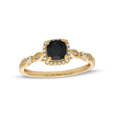 A dainty look with vintage-inspired detail, this gemstone and diamond engagement ring appeals to her feminine taste. Crafted in warm 10K gold, this design showcases a 5.0mm cushion-cut rich black sapphire surrounded by a frame of shimmering diamonds. Along the Art Deco-style shank, single diamonds glisten between pairs of diamonds in milgrain-lined marquise shapes. Radiant with 1/10 ct. t.w. of diamonds and a bright polished shine, this engagement ring is a wonderful choice for your beloved. Elegant Rose Cut Diamond Birthstone Ring, Elegant 14k Gold Cushion Cut Sapphire Ring, Elegant Sapphire Ring With Rose Cut Diamonds For Proposal, Elegant Proposal Birthstone Ring With Rose Cut Diamonds, Elegant Sapphire Ring For Proposal, Elegant Rose Cut Diamond Birthstone Ring For Formal Occasions, Elegant Birthstone Ring With Halo Setting, Elegant Birthstone Ring With Rose Cut Diamonds, Elegant 14k Gold Birthstone Ring With Halo Setting