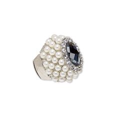 This elegant ring is perfect as a thoughtful gift or for resale. The stretchable ring is silver-plated "pewter" (zinc-based alloy), and features acrylic pearls, clear glass rhinestones and a faceted grey oval glass centerpiece. Glass Centerpieces, Elegant Ring, Ring Finger, Everyday Jewelry, Free Items, Sales Gifts, Ring Gift, Clear Glass, Thoughtful Gifts