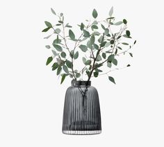 a black vase with some green leaves in it