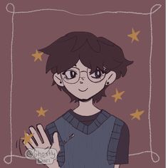 a drawing of a boy with glasses holding something in his hand